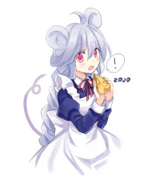 Rule 34 | !, 1girl, 2020, ahoge, animal ears, apron, blue dress, blush, braid, cheese, chinese zodiac, commentary request, cropped torso, dress, food, frilled apron, frills, hair between eyes, holding, holding food, juliet sleeves, long hair, long sleeves, maid, maid apron, mouse ears, mouse girl, mouse tail, open mouth, original, puffy sleeves, red eyes, silver hair, simple background, solo, spoken exclamation mark, tail, tail raised, takase kanan, upper body, very long hair, white apron, white background, year of the rat