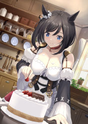 Rule 34 | 1girl, animal ears, black hair, black sleeves, blue eyes, breasts, cactus, cake, cleavage, collar, decorating, dress, dutch angle, eishin flash (umamusume), food, food on face, fruit, highres, holding, holding food, holding fruit, horse ears, icing, indoors, large breasts, light blush, may9, plant, plate, potted plant, red collar, shelf, short hair, smile, solo, umamusume, upper body, utensil, white dress, window