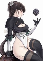 1girl 2b_(nier:automata) 2b_(nier:automata)_(cosplay) absurdres black_gloves black_thighhighs blunt_bangs boots breasts brown_eyes brown_hair chascoby cleavage cleavage_cutout clothing_cutout commentary cosplay crossover cube english_commentary eve_(stellar_blade) feather-trimmed_sleeves female_focus flower gloves hair_flower hair_ornament highleg highleg_leotard highres juliet_sleeves large_breasts leotard long_hair long_sleeves looking_ahead patreon_username ponytail puffy_sleeves simple_background sitting solo stellar_blade thighhighs thighhighs_under_boots thighs thong_leotard trait_connection very_long_hair