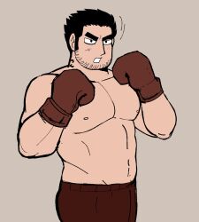 Rule 34 | 1boy, alternate costume, bara, beard stubble, black hair, boxing, boxing gloves, clenched hands, cowboy shot, dots (dotssu), facial hair, highres, huge eyebrows, large pectorals, looking ahead, lucas lee, male focus, motion lines, muscular, muscular male, navel, nipples, pectorals, scott pilgrim (series), scott pilgrim takes off, short hair, solo, stubble, topless male