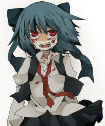 Rule 34 | 1girl, angry, bad id, bad pixiv id, blood, blue hair, cirno, female focus, formal, fujisaki miyabi, hair ribbon, looking up, necktie, open mouth, red eyes, ribbon, short hair, simple background, skirt, solo, tears, touhou, white background, wind