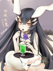 Rule 34 | 1girl, abyssal ship, akino shuu, anchorage water oni, black dress, black hair, character name, collarbone, cup, dress, drink, drinking glass, grey background, hair between eyes, kantai collection, long hair, orange eyes, pale skin, simple background, solo, twitter username