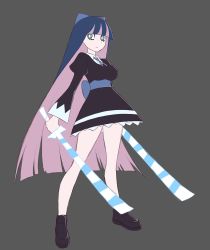 Rule 34 | 1girl, aqua eyes, back bow, black dress, black footwear, blue bow, blue hair, blue necktie, blunt bangs, blunt ends, bolo tie, bow, breasts, bright pupils, brownish hare, closed mouth, collared shirt, colored inner hair, commentary, dress, dual wielding, english commentary, full body, grey background, hair bow, highres, holding, holding sword, holding weapon, juliet sleeves, lace, lace-trimmed dress, lace trim, light frown, loafers, long hair, long sleeves, looking at viewer, medium breasts, multicolored clothes, multicolored dress, multicolored hair, necktie, panty &amp; stocking with garterbelt, pink hair, puffy sleeves, shirt, shirt under dress, shoes, short dress, simple background, sketch, solo, standing, stocking (psg), straight hair, sword, two-tone hair, very long hair, weapon, white dress, white pupils, white shirt, wide sleeves