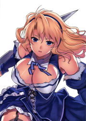 Rule 34 | 1girl, absurdres, bare shoulders, black thighhighs, blonde hair, blue eyes, blush, bow, breasts, cleavage, cleavage cutout, clothing cutout, detached sleeves, dress, female focus, freezing (series), garter straps, hairband, highres, kim kwang hyun, large breasts, long hair, long sleeves, looking at viewer, no bra, official art, open mouth, satellizer el bridget, scan, solo, sword, thighhighs, weapon
