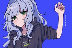 Rule 34 | 1girl, absurdres, black hoodie, blue archive, blue background, blush, closed mouth, commentary request, cross, cross hair ornament, green eyes, grey hair, hair intakes, hair ornament, hand up, hare (blue archive), highres, hood, hood down, hoodie, inverted cross, kuzuuo, long hair, looking at viewer, ponytail, sleeves rolled up, sweat, upper body