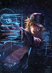Rule 34 | +infinitytlxy, 1boy, akudama drive, artificial eye, artist name, black hat, blonde hair, dated, hacker (akudama drive), hat, highres, holographic interface, jacket, looking at viewer, male focus, mechanical eye, outstretched arms, simple background, sketch, solo, upper body