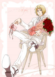 Rule 34 | 1boy, axis powers hetalia, bad id, bad pixiv id, blonde hair, bouquet, bow, flower, formal, gift, green eyes, highres, long sleeves, male focus, necktie, plant, red flower, red rose, rose, sitting, solo, suit, switzerland (hetalia), temari114, white day, white suit