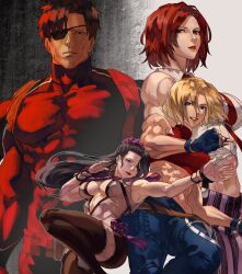 Rule 34 | 1boy, 3girls, abs, absurdres, black hair, blonde hair, blue mary, crop top, group picture, heidern, highres, long hair, looking at viewer, luong, multiple girls, muscular, muscular female, red hair, red tie, short hair, syachiiro, the king of fighters, the king of fighters xv, vanessa (kof), vietnamese clothes