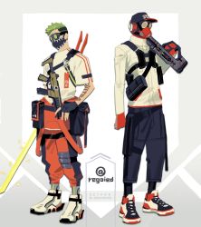 Rule 34 | 1boy, 1other, alternate costume, ambiguous gender, apex legends, artist name, black headwear, black pants, bloodhound (apex legends), character name, clenched hands, fingerless gloves, gas mask, gloves, gun, highres, holding, holding gun, holding sword, holding weapon, jacket, jiro (regoied), m1904 mastiff, mask, mouth mask, octane (apex legends), orange gloves, orange overalls, over shoulder, overalls, overalls rolled up, pants, r-99 smg, shoes, shotgun, sneakers, submachine gun, sword, weapon, weapon over shoulder, white jacket