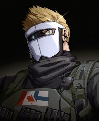 Rule 34 | 1boy, absurdres, artificial eye, blonde hair, broken mask, bulletproof vest, canadian flag, flag request, frown, glint, glitch, highres, indie virtual youtuber, kimakkun, looking at viewer, male focus, mask, masked himbo (silvyspark), mechanical eye, military uniform, second-party source, serious, short hair, solid oval eyes, solo, textless version, uniform, upper body, virtual youtuber