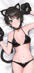 Rule 34 | 1girl, absurdres, animal ears, animal hands, aqua eyes, bell, bikini, black bikini, black choker, black hair, blush, breasts, cat ears, cat paws, cat tail, choker, closed mouth, collarbone, commentary, dot nose, highres, hololive, lying, medium breasts, navel, neck bell, on back, oozora subaru, short hair, solo, stomach, sweatdrop, swimsuit, symbol-only commentary, tail, takita (takita3411), virtual youtuber