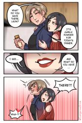Rule 34 | 1boy, 1girl, ada wong, apron, artist name, black apron, black hair, blue eyes, blush, brown eyes, brown hair, comic, commentary, dangerousbride, english text, heart, hetero, highres, leon s. kennedy, motion lines, muscular, muscular male, open mouth, red lips, resident evil, resident evil 2, smile, sweater, turtleneck, turtleneck sweater