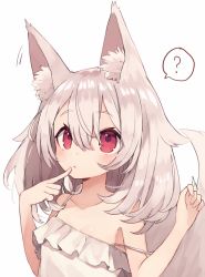 Rule 34 | 1girl, :&lt;, ?, animal ear fluff, animal ears, blush, collarbone, dress, eyebrows, finger to mouth, fox ears, fox tail, long hair, looking at viewer, looking up, original, red eyes, shugao, simple background, solo, spoken question mark, strap slip, tail, white background, white dress, white hair