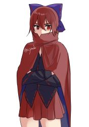 Rule 34 | 1girl, absurdres, blue bow, bow, cape, covered mouth, cowboy shot, crossed arms, hair between eyes, hair bow, high collar, highres, long sleeves, looking away, miniskirt, pleated skirt, red cape, red eyes, red hair, red skirt, sekibanki, short hair, simple background, skirt, solo, touhou, white background, yadoyuki