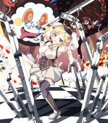 Rule 34 | 10s, beret, blonde hair, boots, breasts, charlotte (madoka magica), checkered floor, corset, covered erect nipples, detached sleeves, drill hair, fingerless gloves, floor, gloves, gun, hair ornament, hat, large breasts, magical girl, mahou shoujo madoka magica, mahou shoujo madoka magica (anime), niyadepa, open mouth, pleated skirt, shirt, skirt, smile, taut clothes, taut shirt, thighhighs, tomoe mami, weapon, witch&#039;s labyrinth, yellow eyes