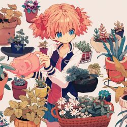 Rule 34 | 1girl, basket, blue eyes, blue skirt, closed mouth, collarbone, cowboy shot, cup, daisy, dot nose, expressionless, flower, flower basket, flower pot, grey background, hair between eyes, hair ornament, hair ribbon, hands up, highres, holding, holding watering can, jacket, ka (marukogedago), long sleeves, looking away, looking to the side, mug, muted color, open clothes, open jacket, original, pansy, pink hair, pink shirt, plant, pleated skirt, puffy sleeves, purple flower, purple pansy, red ribbon, ribbon, shirt, short hair, short twintails, simple background, skirt, sleeve cuffs, solo, tareme, twintails, watering can, white flower