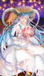 Rule 34 | 1girl, :d, bad source, blue hair, blue nails, craft essence (fate), curled horns, dress, fangs, fate/grand order, fate (series), flower, hat, horns, lantern, lantern festival, larva tiamat (event portrait) (fate), larva tiamat (fate), long hair, long horns, looking at viewer, lotus, official alternate costume, official art, open mouth, paper lantern, pink eyes, sky lantern, smile, solo, straw hat, symbol-shaped pupils, tiamat (fate), very long hair, white dress, x-shaped pupils, yamanaka kotetsu