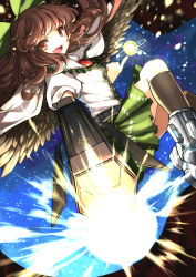 Rule 34 | 1girl, aiming, aiming at viewer, alternate weapon, arm cannon, atom, belt, bird wings, black socks, blouse, boots, bow, brown hair, cape, energy ball, eyebrows hidden by hair, fang, hair bow, highres, index finger raised, kneehighs, knees up, light particles, long hair, looking at viewer, open mouth, radiation symbol, red eyes, reeh (yukuri130), reiuji utsuho, shirt, skirt, socks, solo, starry sky print, third eye, touhou, weapon, wings