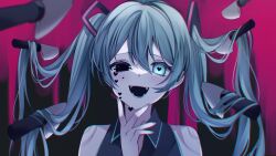 Rule 34 | 1girl, blue eyes, blue hair, blush, canary999, collared shirt, fangs, glitch, hair ornament, hand on own chin, hatsune miku, heart, heart-shaped pupils, heterochromia, highres, knife, long hair, looking at viewer, nail polish, open mouth, pixel heart, shirt, sleeveless, sleeveless shirt, smile, solo, symbol-shaped pupils, twintails, upper body, very long hair, vocaloid