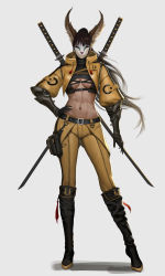 1girl abs animal_ears breasts cleavage cleavage_cutout clothing_cutout fox_ears fox_mask full_body highres lo_do_kyung looking_at_viewer mask midriff monster_girl original scabbard sheath sword toned weapon