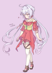 Rule 34 | 10s, 1girl, ahoge, artist name, bare shoulders, blush stickers, brown footwear, dated, dress, full body, garter straps, layered dress, long hair, looking down, mishido sun, musical note, purple background, purple hair, red dress, senki zesshou symphogear, shoes, simple background, solo, thighhighs, very long hair, white thighhighs, yukine chris