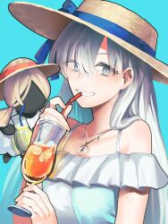 Rule 34 | 1girl, anastasia (fate), anastasia (swimsuit archer) (fate), anastasia (swimsuit archer) (first ascension) (fate), blue background, blue eyes, cup, doll, drinking glass, drinking straw, fate/grand order, fate (series), grey hair, hat, highres, jewelry, long hair, pendant, smile, straw hat, toura higashi, viy (fate)