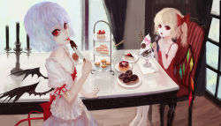 Rule 34 | 2girls, apple, bad id, bad pixiv id, barefoot, bat wings, blonde hair, bow, cake, candelabra, candle, candlestand, casual, chair, chocolate banana, collarbone, crystal, cupcake, curtains, doughnut, eyelashes, flandre scarlet, food, fruit, hair bow, highres, ice cream, licking, licking finger, light purple hair, multiple girls, nail polish, no headwear, red eyes, remilia scarlet, siblings, side ponytail, sisters, sitting, skirt, skirt set, spoon, sundae, table, tiered tray, touhou, tuzki, wafer stick, window, wings