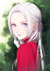Rule 34 | 1girl, black coat, bow, breasts, capelet, coat, commentary request, edelgard von hresvelg, eyelashes, fire emblem, fire emblem: three houses, forehead, garreg mach monastery uniform, gloves, hair bow, hair ribbon, hand in own hair, leaf, lips, long hair, looking at viewer, mueririko, nintendo, open mouth, parted lips, plant, purple bow, purple eyes, purple ribbon, red capelet, ribbon, solo, uniform, white gloves, white hair