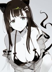 Rule 34 | 1girl, animal ears, bare shoulders, black hair, blush, bra, breasts, cat ears, cleavage, fang, green eyes, greyscale, hair ornament, hairpin, hanging breasts, large breasts, leaning forward, long hair, looking at viewer, monochrome, off shoulder, original, simple background, sketch, solo, toridamono, underwear