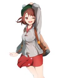 Rule 34 | 1girl, backpack, bag, brown eyes, brown hair, commentary request, creatures (company), game freak, gloria (pokemon), green hat, hand on headwear, hat, highres, long sleeves, looking at viewer, nintendo, open mouth, pokemon, pokemon swsh, shirt, short hair, simple background, smile, solo, standing, tam o&#039; shanter, user mdty8235, white background