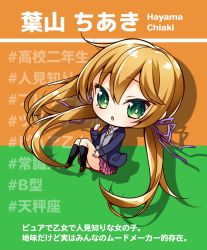 Rule 34 | 1girl, :o, absurdres, black socks, blazer, blonde hair, blue jacket, blush, brown footwear, cardigan, character name, character profile, chibi, collared shirt, drop shadow, green eyes, grey cardigan, hair between eyes, hair ribbon, hayama chiaki, highres, jacket, kneehighs, loafers, long hair, long sleeves, looking at viewer, low twintails, open clothes, open jacket, original, parted lips, pink skirt, plaid, plaid skirt, pleated skirt, purple ribbon, ribbon, shirt, shoes, skirt, socks, solo, translation request, twintails, very long hair, wakuta chisaki, white shirt