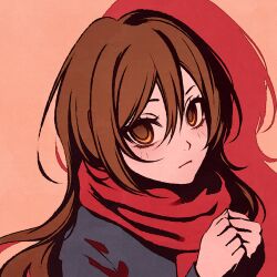 Rule 34 | 1girl, blush, brown eyes, brown hair, clenched hands, commentary, english commentary, hair between eyes, hori-san to miyamura-kun, hori kyouko, long hair, looking at viewer, moshimoshibe, red scarf, scarf, solo