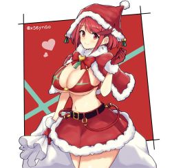 Rule 34 | 1girl, bikini, bikini top only, blush, breasts, christmas, cleavage, gem, hat, highres, huge breasts, jewelry, large breasts, mochimochi (xseynao), navel, pyra (xenoblade), red hair, santa hat, short hair, skirt, solo, swimsuit, xenoblade chronicles (series), xenoblade chronicles 2