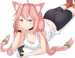 Rule 34 | 1girl, absurdres, ahoge, animal ear fluff, animal ears, ass, bike shorts, blue eyes, breasts, cat ears, choker, downblouse, hair bobbles, hair ornament, head rest, highres, hinata channel, low twintails, lying, nekomiya hinata, no bra, on stomach, orange thighhighs, pink hair, shorts, small breasts, smile, solo, thighhighs, twintails, vest, virtual youtuber, watch, white vest, wristwatch