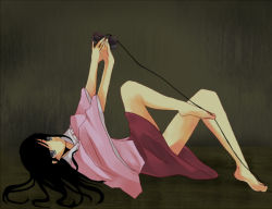 Rule 34 | 1girl, barefoot, black hair, female focus, game console, houraisan kaguya, long hair, lying, on back, playing games, solo, sony, touhou, video game