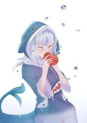 Rule 34 | 1girl, absurdres, animal costume, animal hood, blue hair, blue hoodie, blue sleeves, blush, closed mouth, coffeed17, commentary, eating, english commentary, fins, fish tail, food, gawr gura, gawr gura (1st costume), gradient hoodie, gradient sleeves, highres, holding, holding food, hololive, hololive english, hood, hoodie, indonesian commentary, multicolored clothes, multicolored hair, multicolored hoodie, multicolored sleeves, shark costume, shark girl, shark hood, shark print, shark tail, sharp teeth, solo, stitched tail, streaked hair, tail, tearing up, teeth, tomato, two-tone hair, two-tone hoodie, two-tone sleeves, virtual youtuber, water drop, white background, white hair, white hoodie, white sleeves