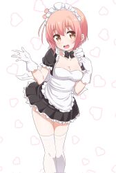 Rule 34 | 1girl, alternate costume, apron, blush, bow, bowtie, breasts, cleavage, clothes lift, collarbone, detached collar, female focus, gloves, heart, heart (symbol), heart background, highres, ichinose hana, maid, maid apron, maid headdress, medium breasts, medium hair, open mouth, pink hair, skirt, skirt lift, slow start, solo, standing, thighhighs, warukusu, white thighhighs, yellow eyes