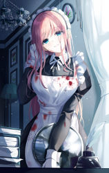 Rule 34 | 1girl, absurdres, apron, black dress, blood, blood on clothes, blood on face, blue eyes, commentary request, dress, gloves, gongha, has bad revision, has downscaled revision, highres, holding, huge filesize, indoors, juliet sleeves, long hair, long sleeves, looking at viewer, maid, maid apron, maid headdress, md5 mismatch, original, pink hair, puffy sleeves, resolution mismatch, ribbon, smile, solo, source smaller, white apron