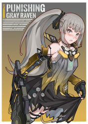 Rule 34 | 1girl, :o, absurdres, bare shoulders, black gloves, blush, boots, border, chainsaw, dress, elbow gloves, fingerless gloves, gloves, grey eyes, grey hair, hair ornament, highres, holding, holding chainsaw, holding clothes, holding dress, long hair, looking at viewer, nanami: pulse (punishing: gray raven), nanami (punishing: gray raven), open mouth, punishing: gray raven, side ponytail, sleeveless, sleeveless dress, solo, thigh boots, thighhighs, watchmen-001, yellow background