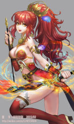 Rule 34 | 1girl, armor, arrow (projectile), artist name, ass, bare shoulders, belt, boobplate, boots, bow (weapon), breastplate, breasts, cleavage, eyebrows, fingernails, gauntlets, hair between eyes, hair ornament, hand up, high heel boots, high heels, holding, holding weapon, leg up, long hair, looking at viewer, medium breasts, open mouth, pelvic curtain, ponytail, red footwear, red hair, red thighhighs, shin sangoku musou, sidelocks, simple background, smile, solo, sun shang xiang, teeth, thigh boots, thighhighs, watermark, weapon, web address, xiaji, yellow eyes