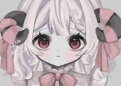 Rule 34 | 1girl, black horns, bow, bowtie, close-up, closed mouth, curled horns, frills, grey background, heart, heart in eye, highres, horn ornament, horn ribbon, horns, looking at viewer, medium hair, original, pink bow, pink bowtie, pink ribbon, portrait, red eyes, ribbon, shiona (siona0625), solo, straight-on, symbol in eye, translation request, white hair