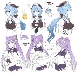 Rule 34 | 2girls, ?, ahoge, bell, black gloves, blue hair, breasts, chibi, cone hair bun, cowbell, crossed arms, detached sleeves, ganyu (genshin impact), genshin impact, gloves, goat horns, hair bun, horns, keqing (genshin impact), long hair, medium breasts, multiple girls, multiple views, negom, purple eyes, purple hair, simple background, sketch, spoken question mark, twintails, white background
