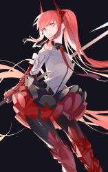 Rule 34 | 1girl, absurdly long hair, armored boots, black background, black skirt, boots, clothing cutout, commentary, english commentary, frilled skirt, frills, gauntlets, highres, holding, holding spear, holding weapon, horns, long hair, looking at viewer, necktie, original, pantyhose, parted lips, polearm, ponytail, red eyes, red hair, red skirt, shirt, shoulder cutout, skirt, solo, spear, tsuki-shigure, two-tone skirt, very long hair, weapon, white shirt