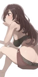 Rule 34 | 1girl, ass, barefoot, black bra, black panties, bra, breasts, brown eyes, brown hair, butt crack, commentary request, from behind, hand on own chin, highres, hiroki (yyqw7151), idolmaster, idolmaster shiny colors, large breasts, long hair, looking away, medium breasts, panties, panties under shorts, panty peek, red shorts, shorts, sideboob, simple background, sitting, solo, tsukioka kogane, underwear, white background