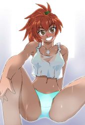 Rule 34 | 1girl, aqua panties, bare shoulders, blush, breasts, commentary request, cross, cross necklace, full metal panic!, graphite (medium), jewelry, long hair, looking at viewer, medium breasts, midriff, millipen (medium), nami (full metal panic!), necklace, onnaski, open mouth, orange hair, panties, ponytail, see-through, shirt, simple background, smile, solo, sweat, tank top, thighs, traditional media, underwear