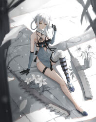 Rule 34 | 1girl, absurdres, bandaged arm, bandaged leg, bandaged neck, bandages, black gloves, blue footwear, braided hair rings, chain blades, closed mouth, collarbone, commentary, detached sleeves, english commentary, flower, gloves, grey hair, hair flower, hair ornament, hair rings, highres, holding, holding hair, jagged sword, kaine (nier), lingerie, looking at viewer, lunar tear, negligee, nier, nier (series), panties, parted bangs, sidelocks, single bare shoulder, sitting, solo, thigh strap, underwear, white flower, white panties, yellow eyes, yuzuriha (atelier liang)