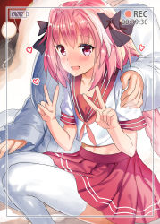 Rule 34 | 2boys, :d, astolfo (fate), astolfo (sailor paladin) (fate), black bow, blush, bow, braid, crossdressing, double v, fang, fate/apocrypha, fate/grand order, fate (series), hair bow, hair intakes, hand on another&#039;s shoulder, heart, highres, long hair, looking at viewer, male focus, midriff, mizuta kenji, multicolored hair, multiple boys, official alternate costume, open mouth, pink eyes, pink hair, pink skirt, pleated skirt, recording, school uniform, serafuku, single braid, sitting, skirt, smile, solo focus, streaked hair, thighhighs, trap, v, very long hair, white hair, white legwear