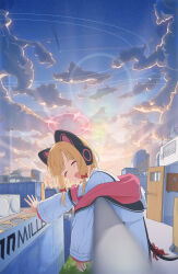 Rule 34 | 1girl, absurdres, animal ear headphones, animal ears, black tail, blonde hair, blue archive, blush, bow, closed eyes, dsfr, facing viewer, fake animal ears, hair bow, halo, headphones, highres, jacket, long sleeves, momoi (blue archive), open mouth, outdoors, pink halo, red bow, shirt, short hair, smile, solo, two-sided fabric, two-sided jacket, white jacket, white shirt