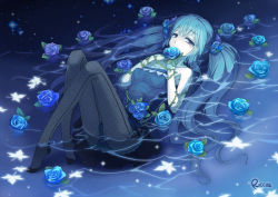 Rule 34 | 1girl, aqua hair, black pantyhose, blue dress, blue flower, blue hair, blue rose, dress, flower, hatsune miku, long hair, looking at viewer, panties, pantyhose, paranoia (vocaloid), partially submerged, plant, riccae, rose, sleeveless, sleeveless dress, solo, striped clothes, striped panties, thorns, twintails, underwear, very long hair, vines, vocaloid, water, wet, wet clothes