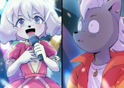 Rule 34 | 1boy, 1girl, :d, black fur, blue eyes, bow, bowtie, dog girl, dress, ear piercing, frilled sleeves, frills, furry, furry female, furry male, hand on own chest, idol, imai shun, jacket, jewelry, light blush, microphone, music, necklace, nikaidou rui, odd taxi, omochiutyu, open clothes, open jacket, open mouth, parted lips, piercing, pink bow, pink bowtie, pink dress, puffy short sleeves, puffy sleeves, red jacket, shirt, short sleeves, singing, skunk boy, smile, snout, spotlight, v-shaped eyebrows, white fur, white hair, white shirt